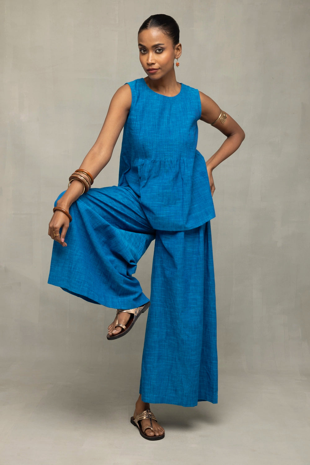 Azure Blue Textured Co-Ord Set with Sleeveless Top & Wide-Leg Pants