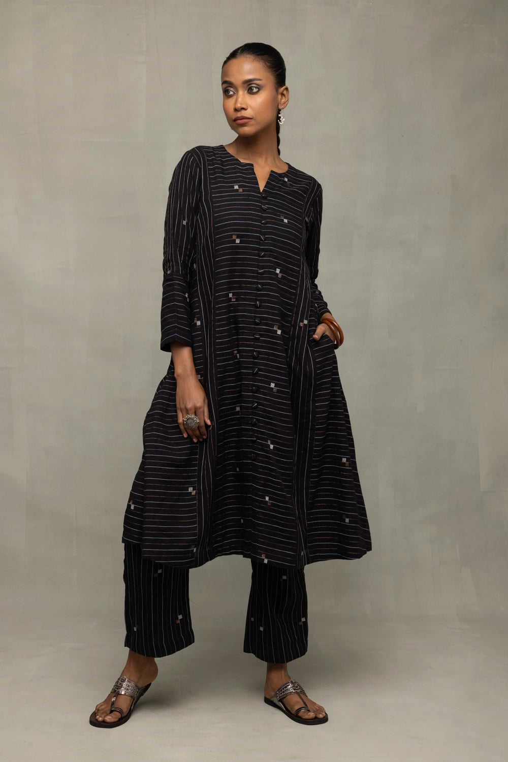 Black Jamdani Co-Ord Set with Metallic Bronze & Silver Motifs