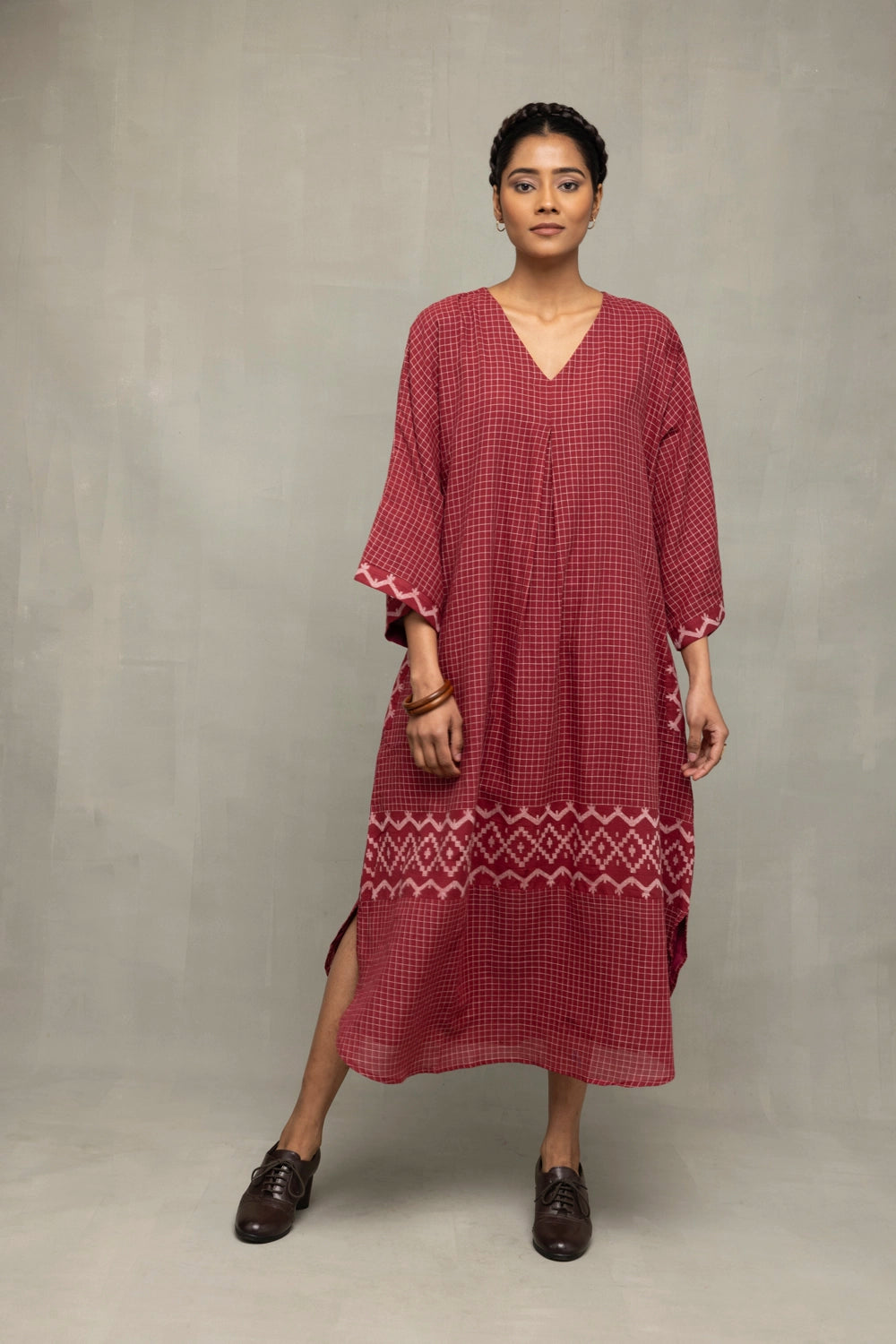 Crimson Checkered Jamdani Kaftan Dress