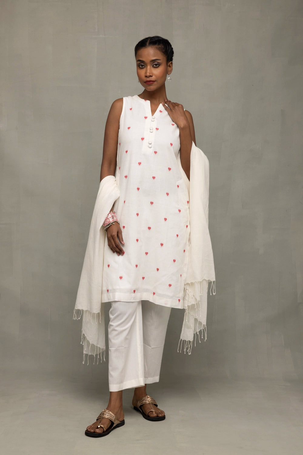 White and Red Heart Woven Suit Set With Dupatta