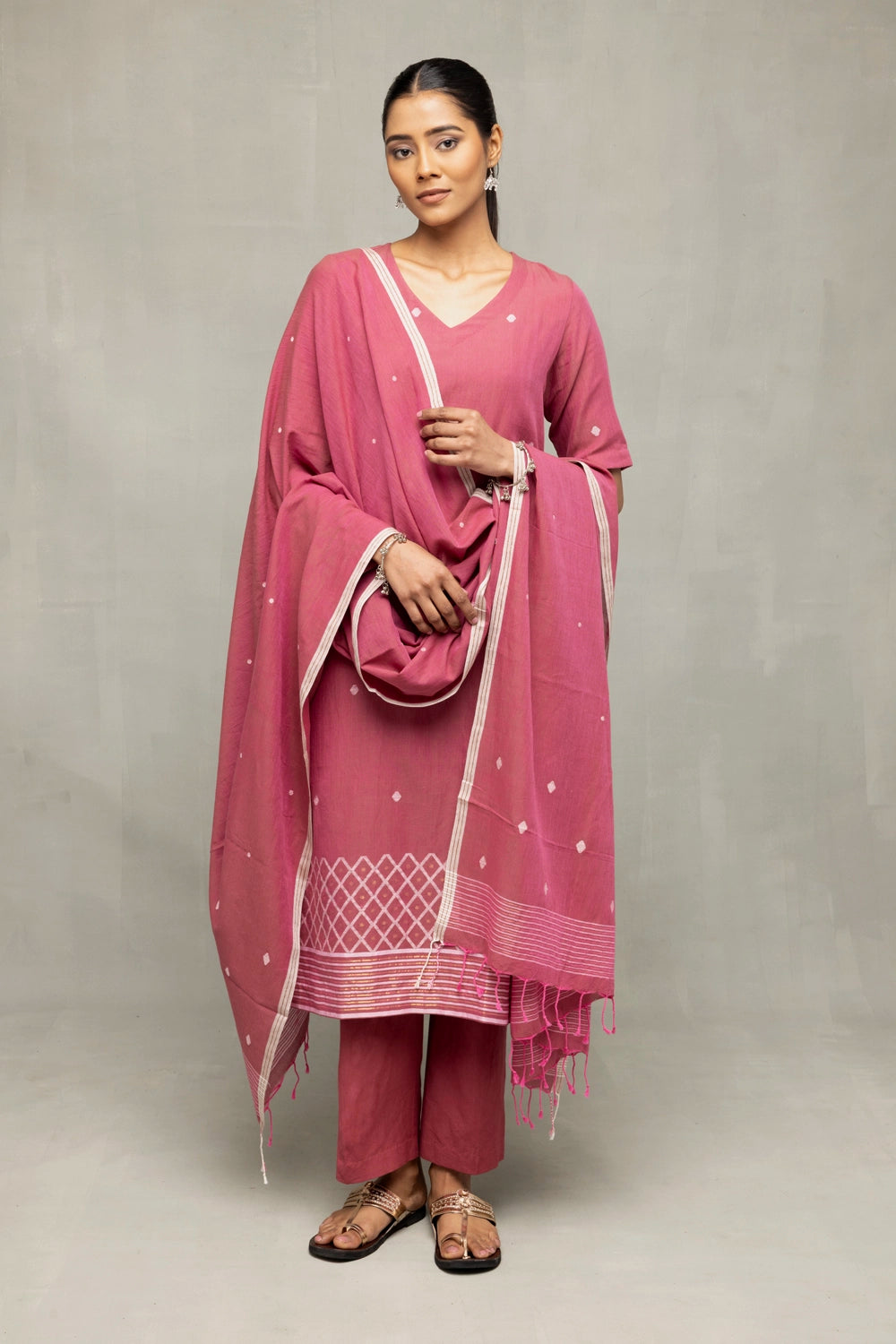 Dusty Rose Cross Motifs Jamdani Kurta Set With Dupatta