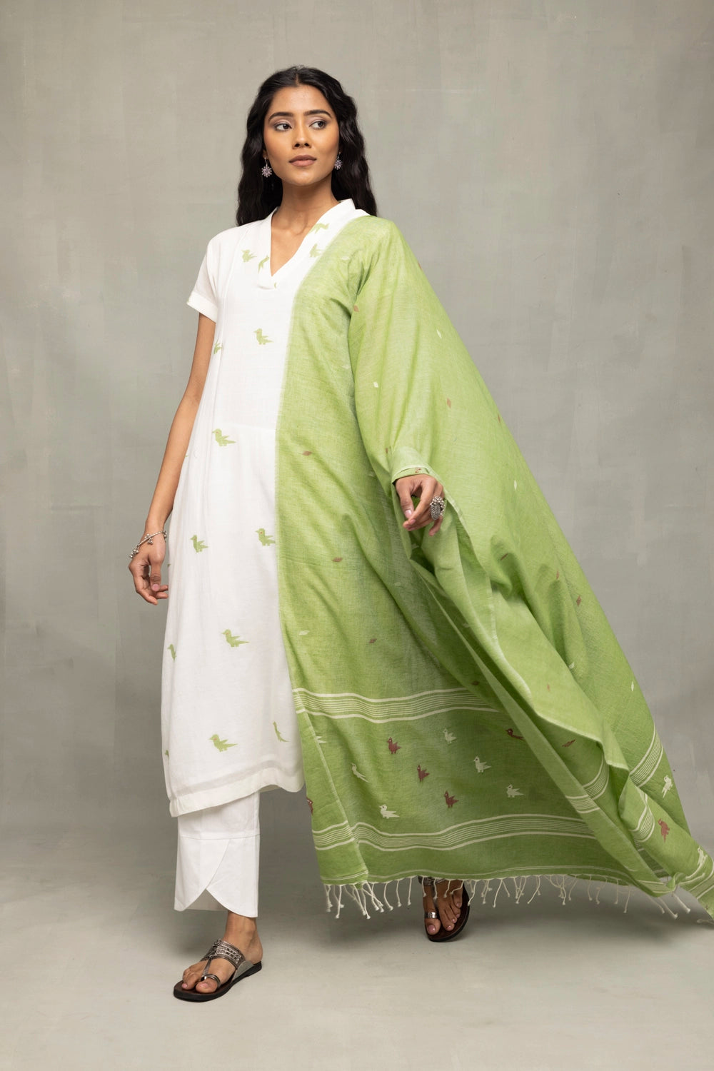Ivory & Sage Green Bird Motif Jamdani Suit Set with Dupatta