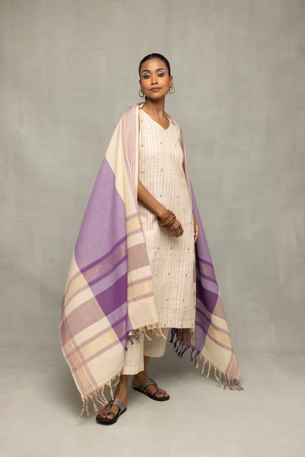 Cream and Mauve South South Cotton Zari Kurta Set with Dupatta