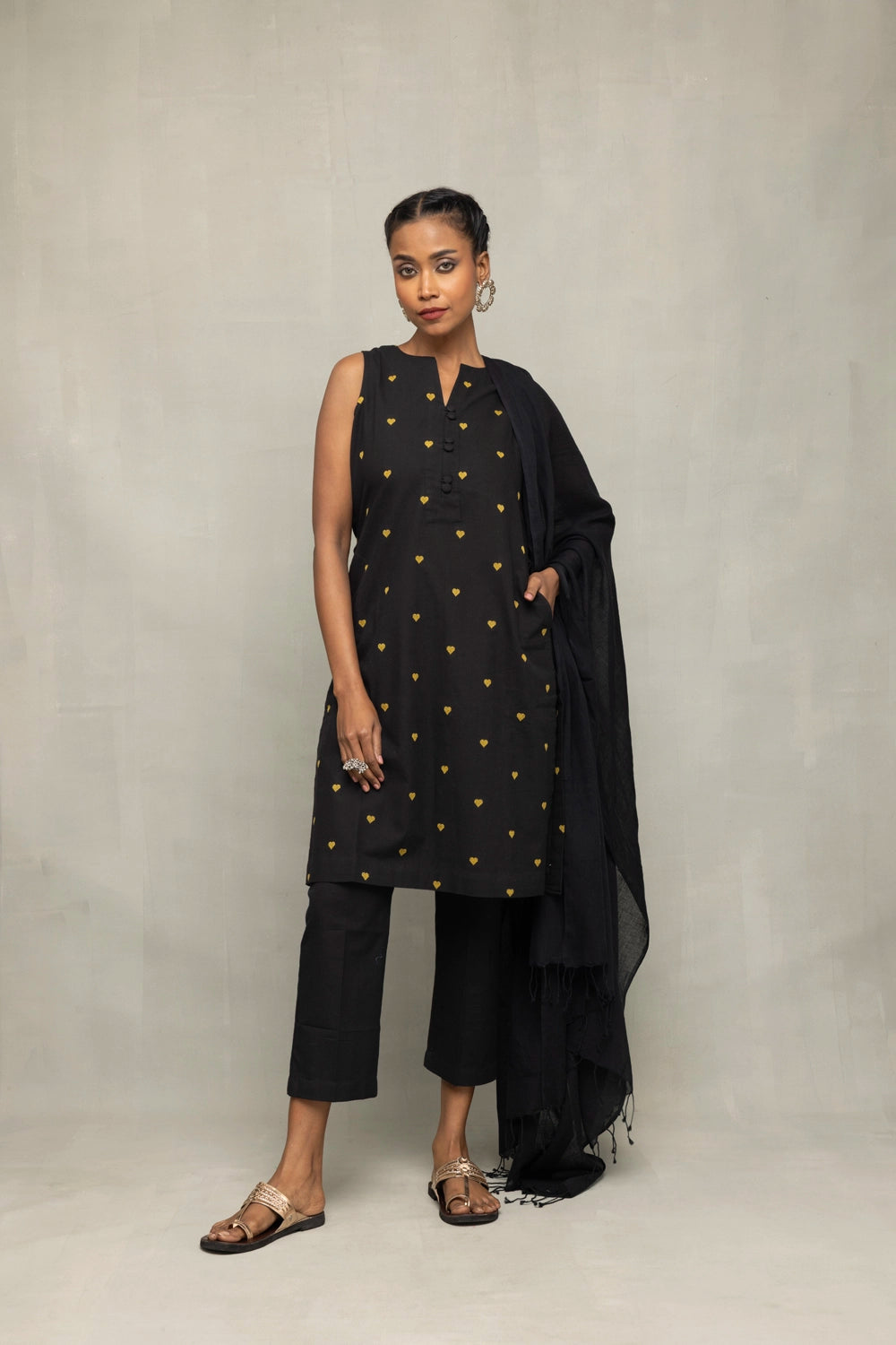 Black & Yellow Hearts South Cotton Kurta Set With Dupatta
