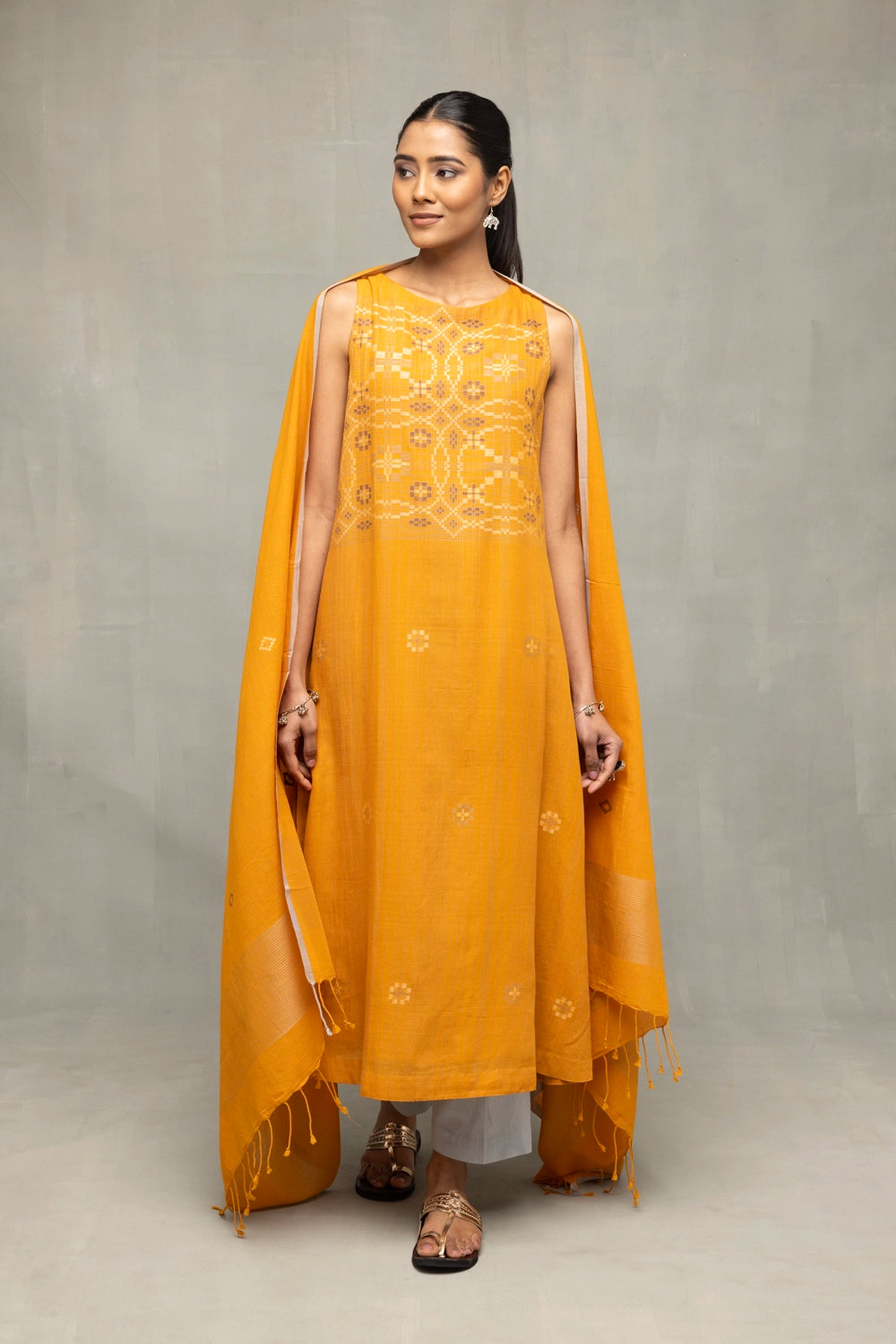 Mustard & Moonlight Geometric Jamdani Suit Set With Dupatta
