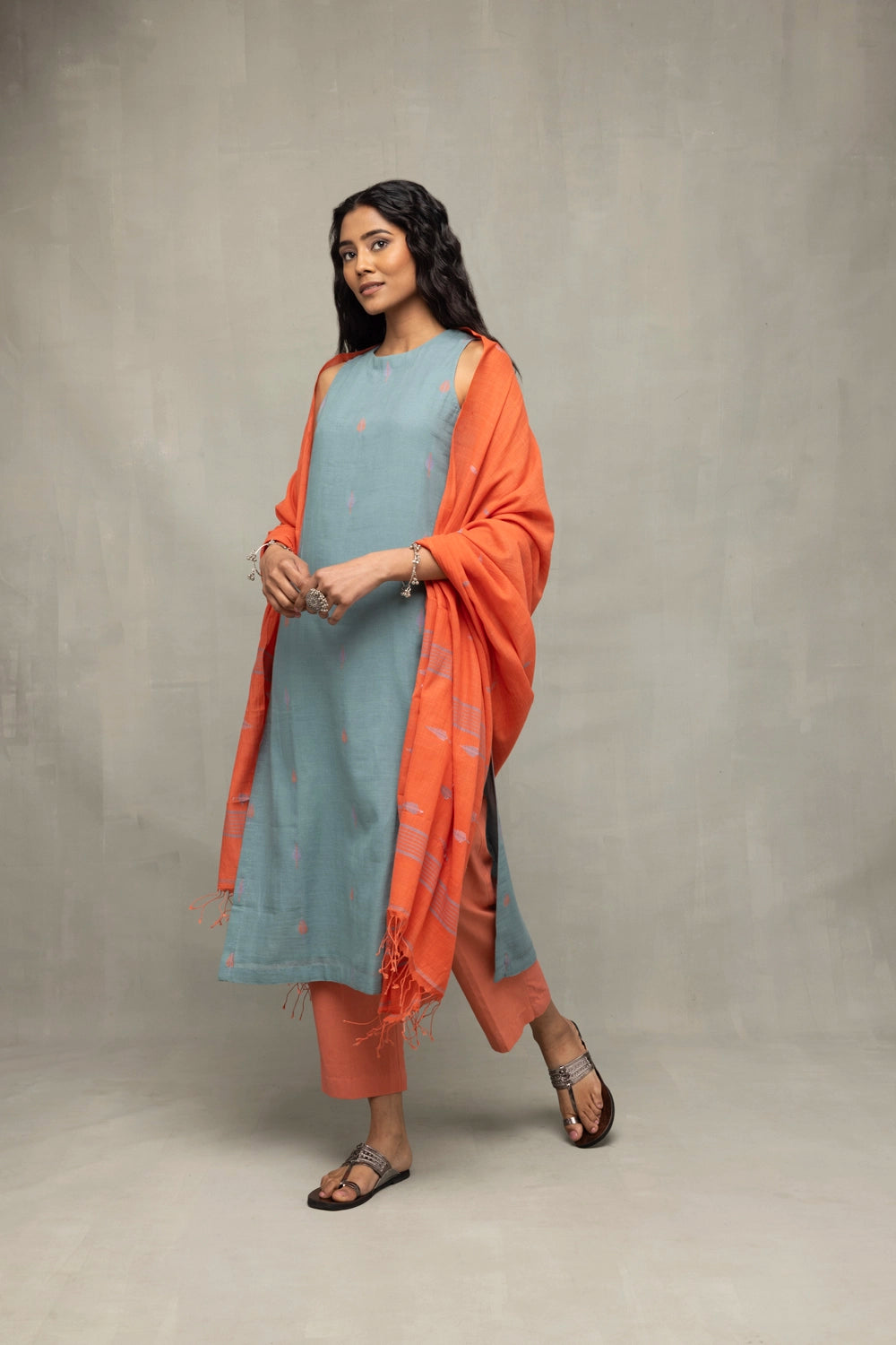 Zen Blue Straight Fit Jamdani Kurta Set with Tangerine Leaf Motif Dupatta