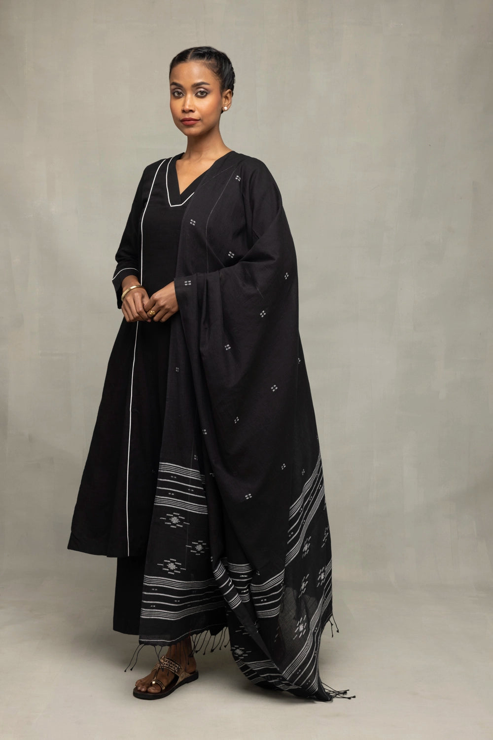Black Bengal Cotton Kurta Set With Jamdani Dupatta