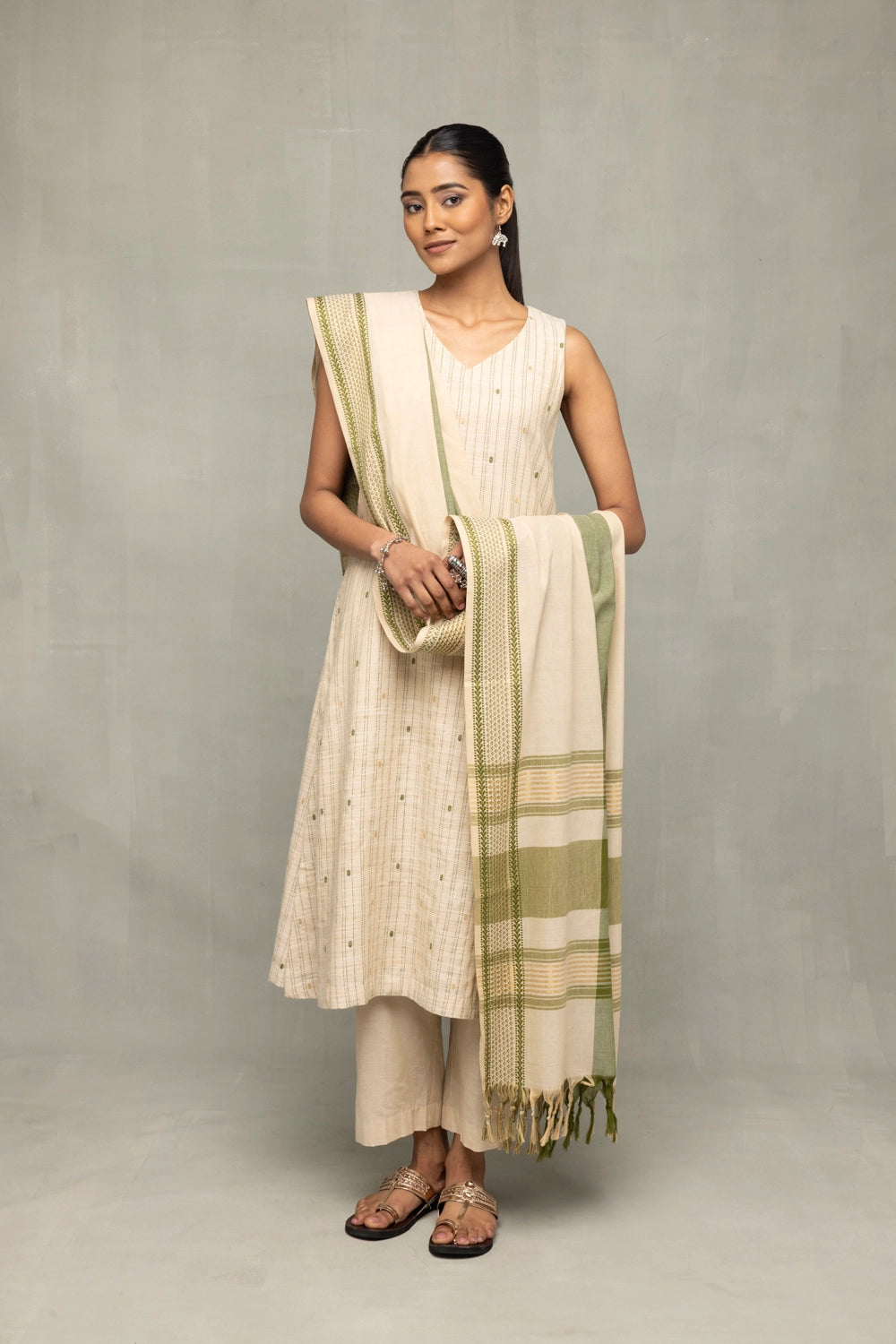 Beige and Green Woven Suit Set with Subtle Buti & Zari Dupatta