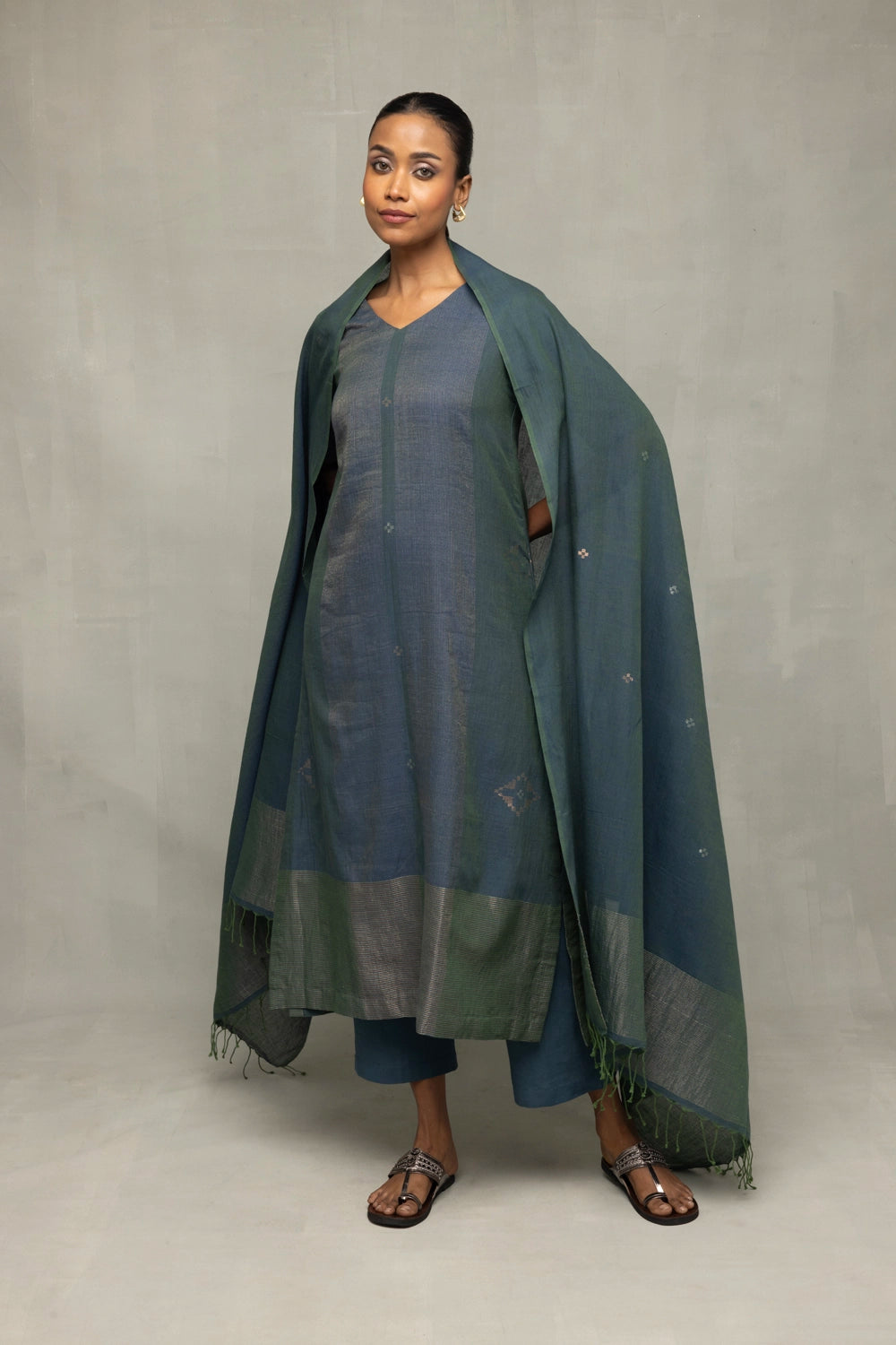 Teal Green Jamdani Kurta Set with Silver Zari Border and Dupatta