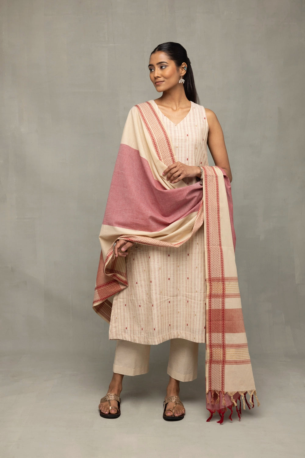 Beige and Pink Woven Suit Set with Subtle Buti & Zari Dupatta