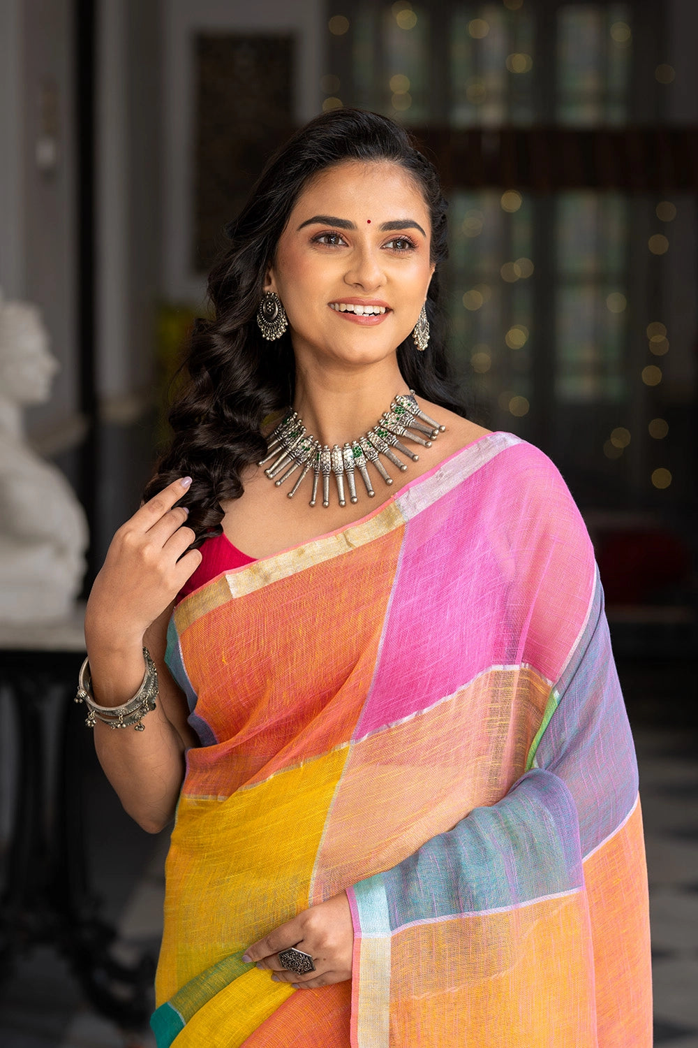 Handllom Pastel Multi Colour Linen Saree