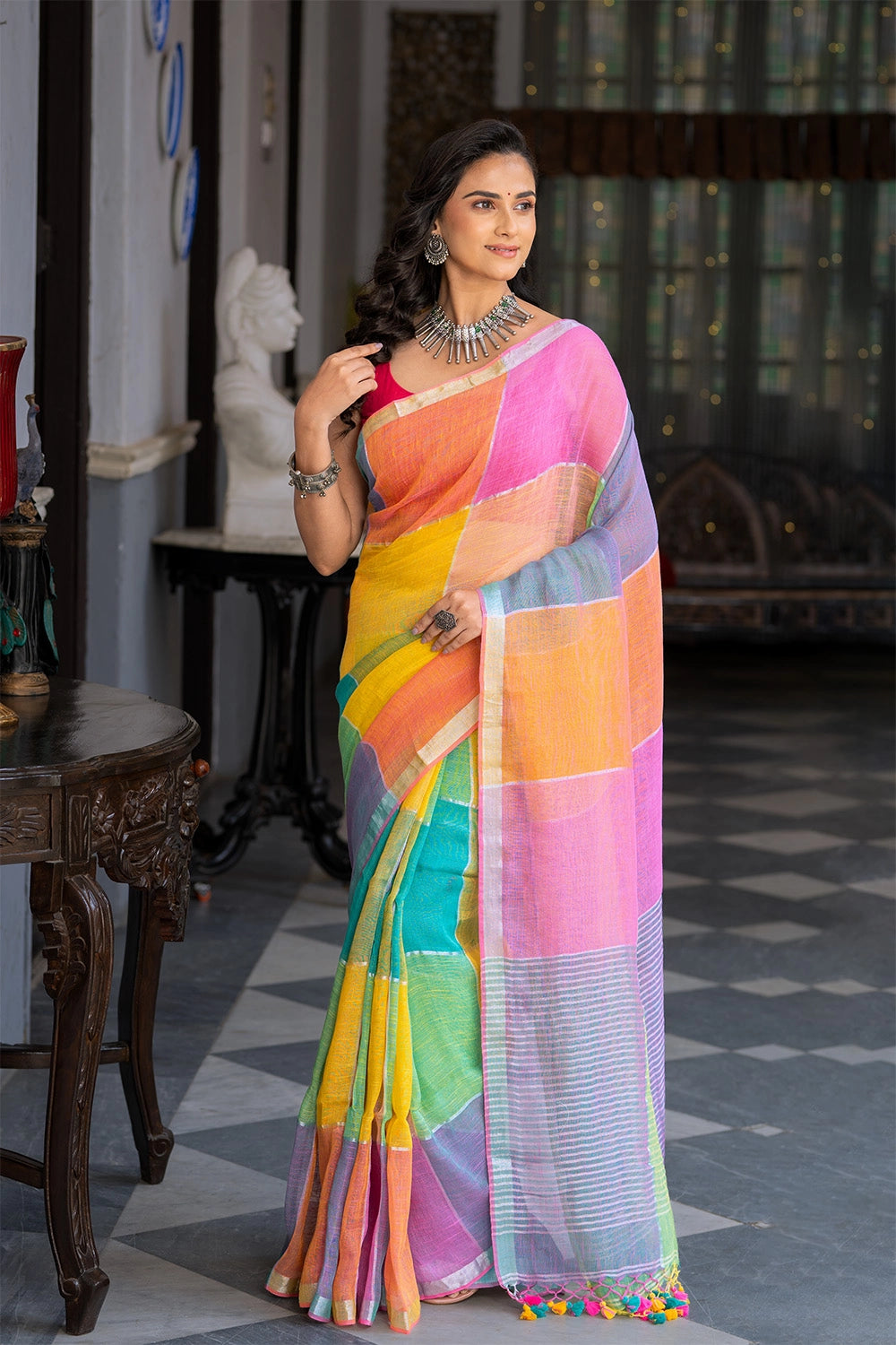 Handllom Pastel Multi Colour Linen Saree