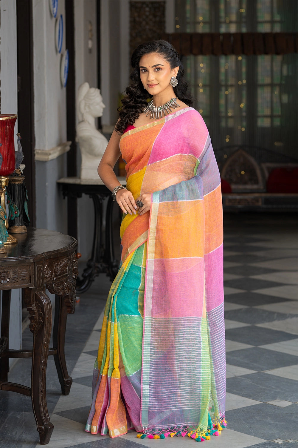 Handllom Pastel Multi Colour Linen Saree