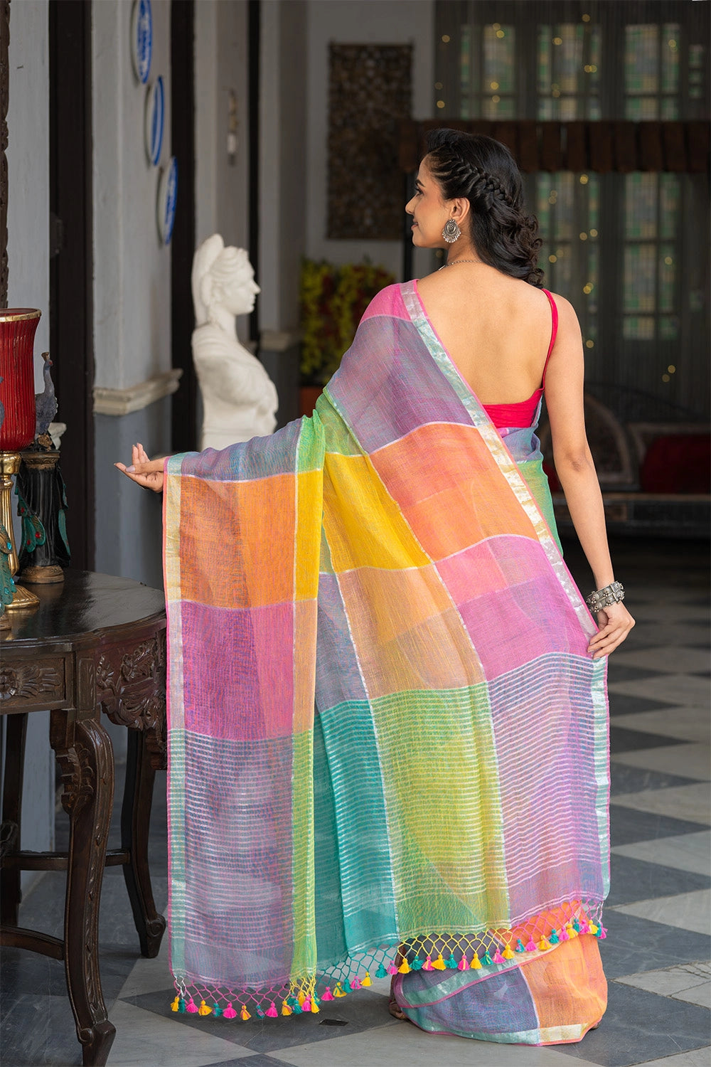 Handllom Pastel Multi Colour Linen Saree