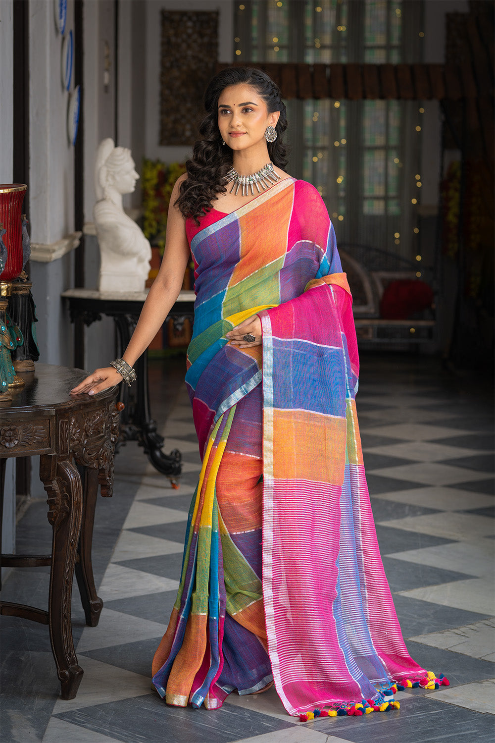 Handllom Multi Colour Linen Saree