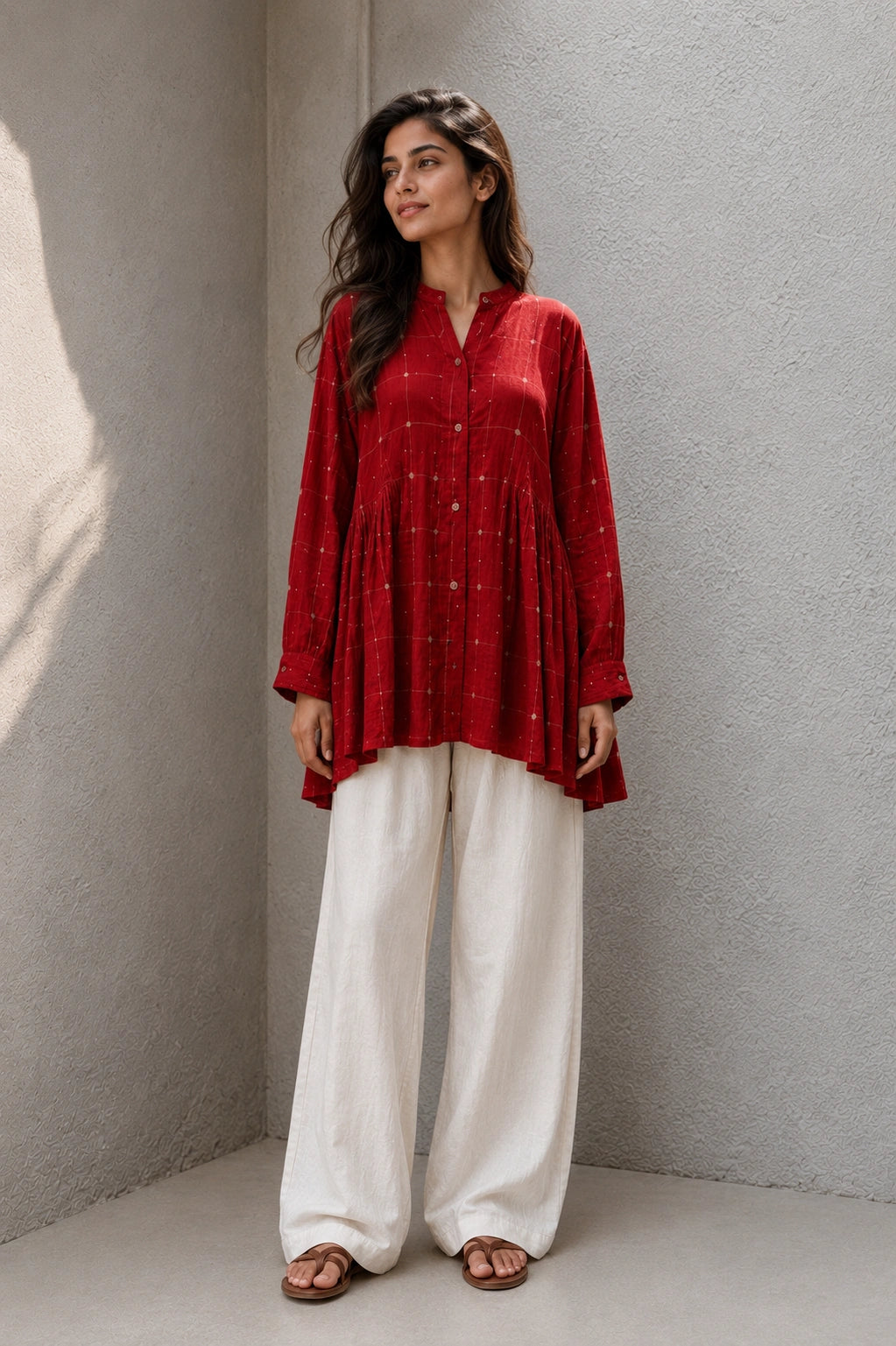 Crimson Red Check Pure Cotton Jamdani Top