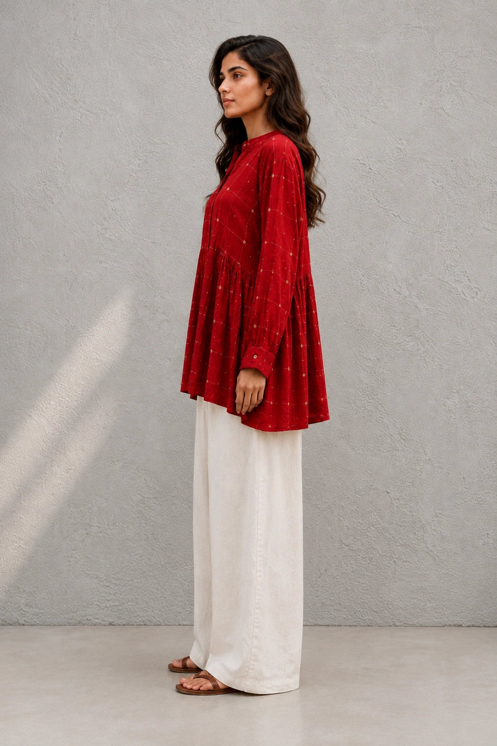 Crimson Red Check Pure Cotton Jamdani Top