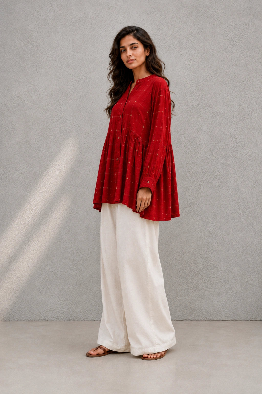 Crimson Red Check Pure Cotton Jamdani Top
