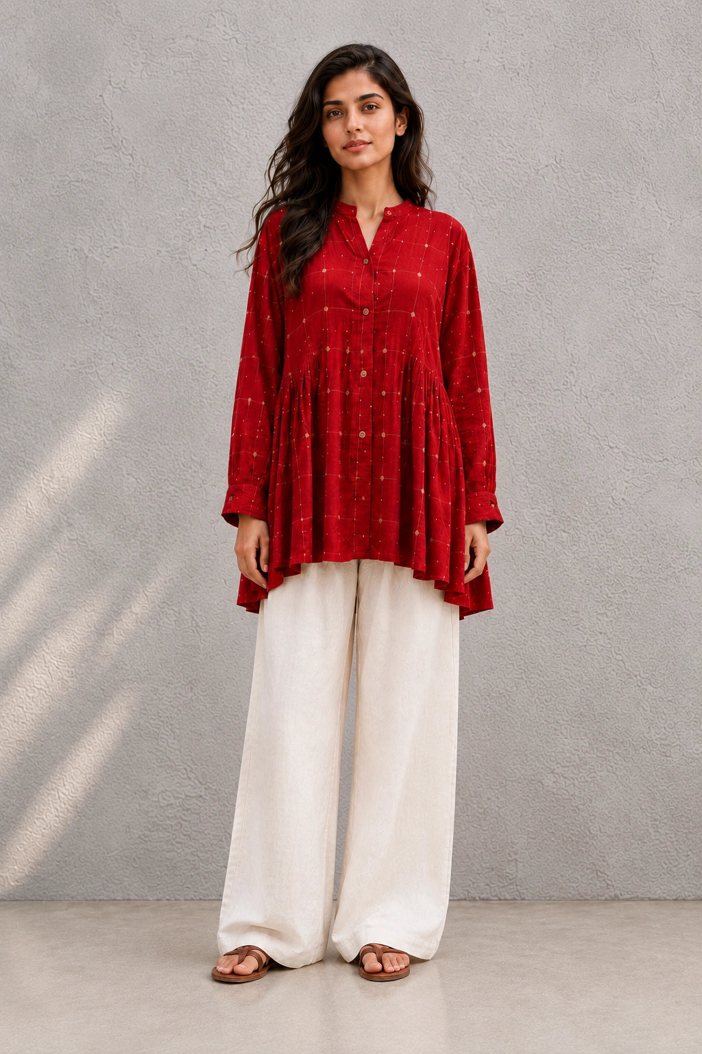 Crimson Red Check Pure Cotton Jamdani Top