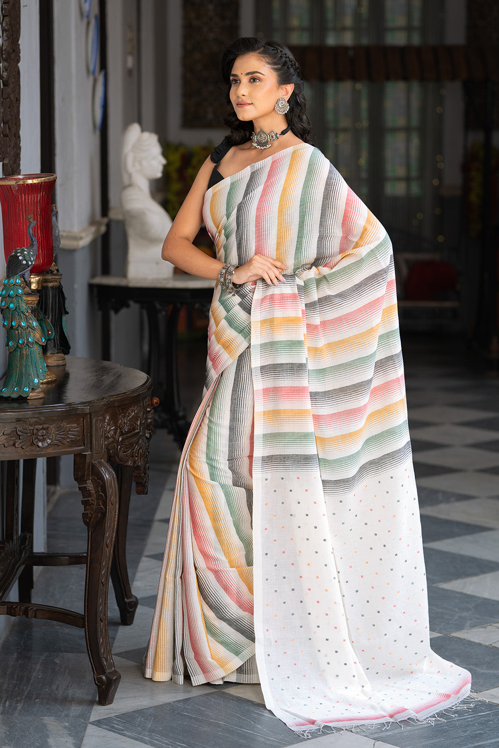 Handloom Cream Soft Cotton Multi Colour Polka Jamdani Saree