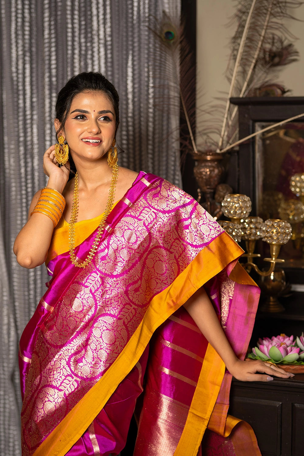 Handloom Hot Pink Pure Silk Banarasi Saree with Yellow Border