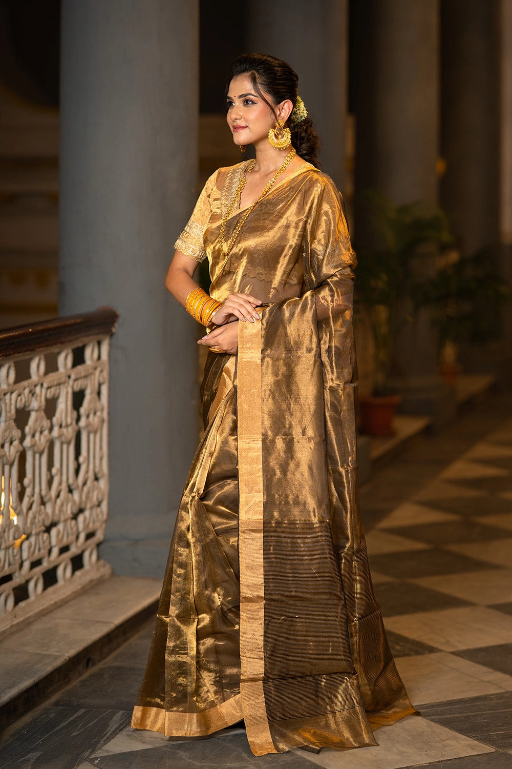 Handloom Copper Brown Pure Tissue Silk Chanderi Saree