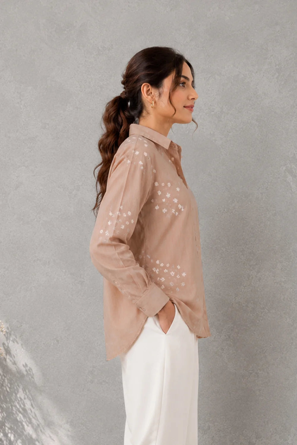 Beige Pure Cotton Embriodered Shirt