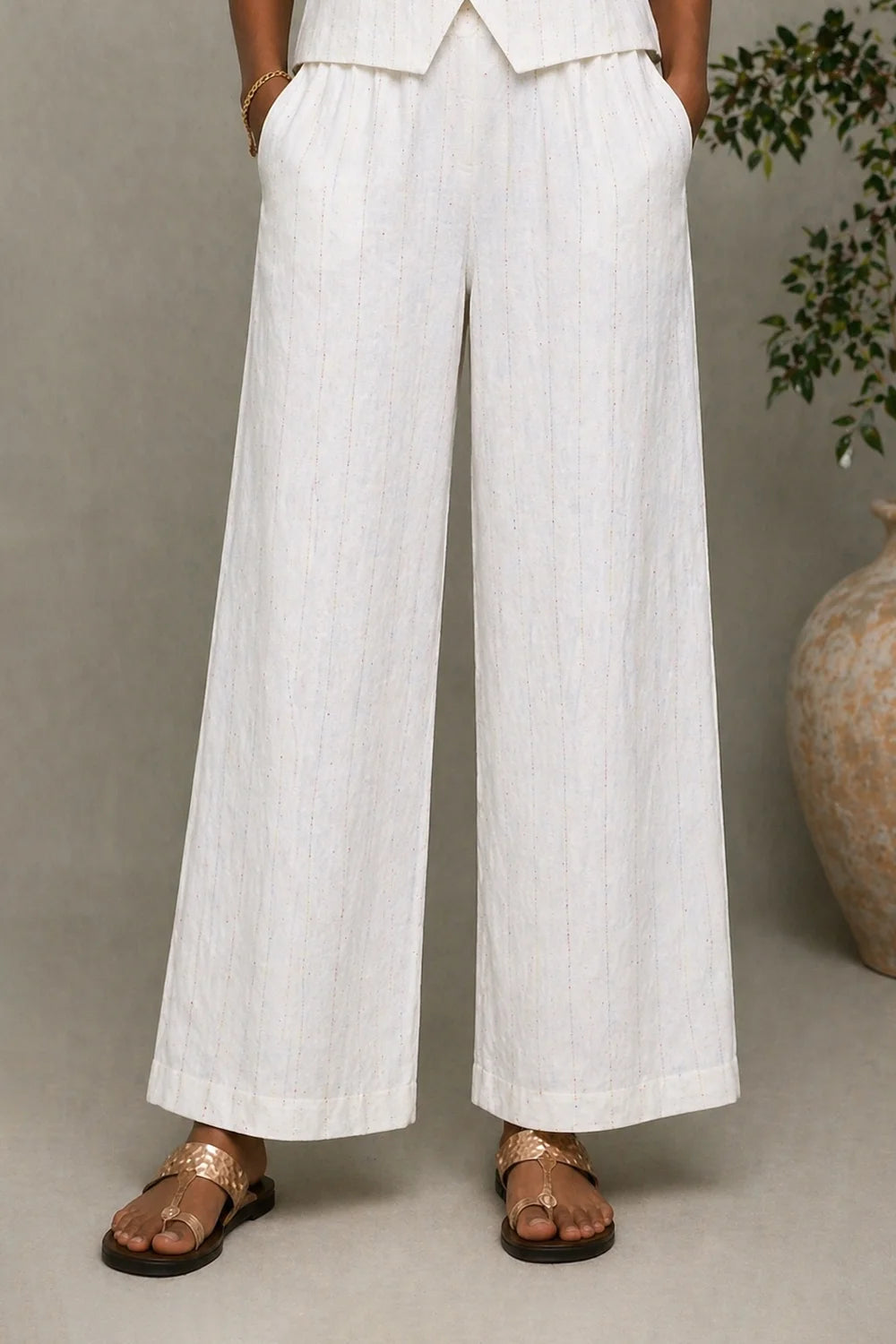 Ivory Cotton Co-ord Set with Button-Down Top & Wide-Leg Pants