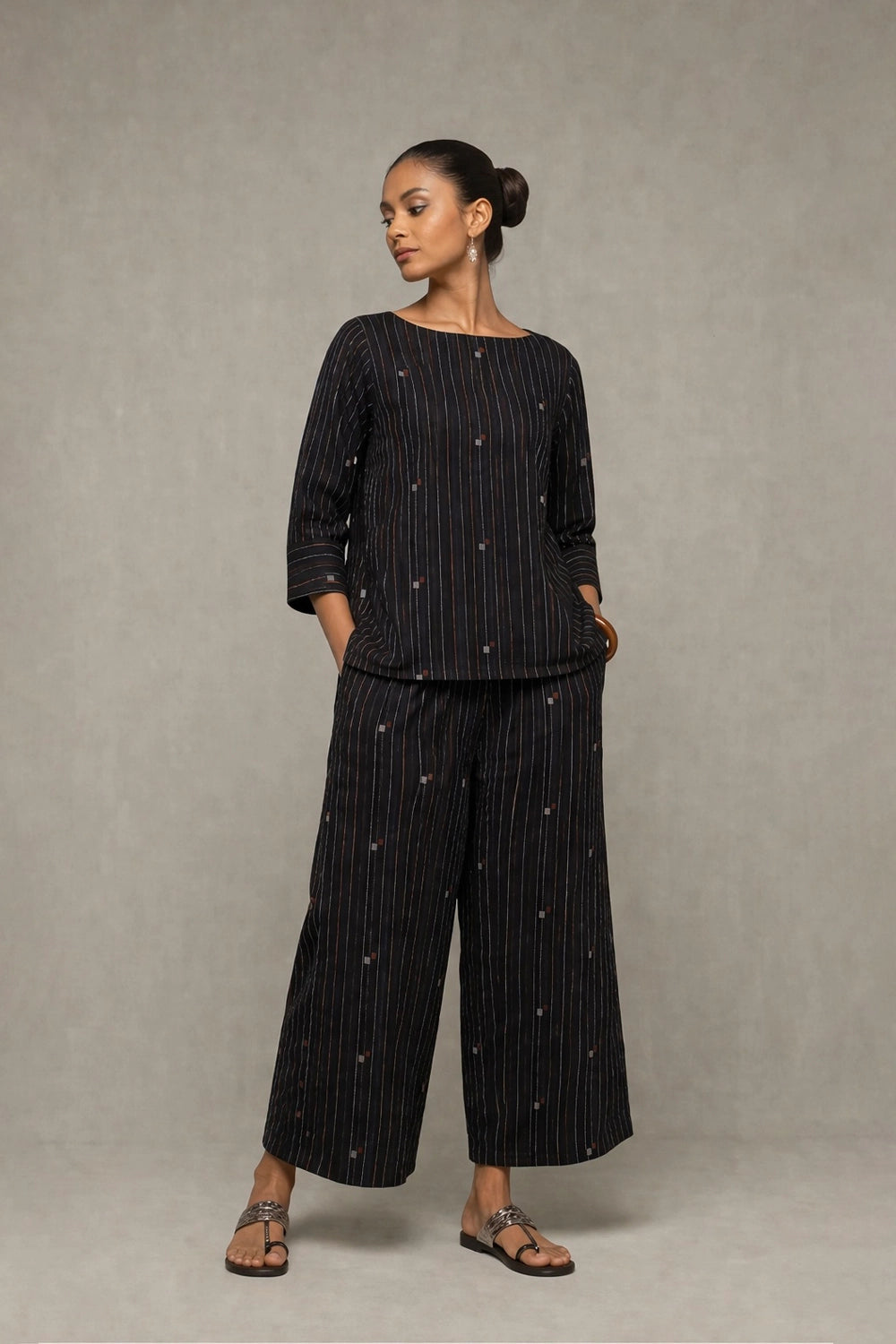 Handloom Black Jamdani Shimmer Co-Ord Set with Metallic Bronze & Silver Motifs