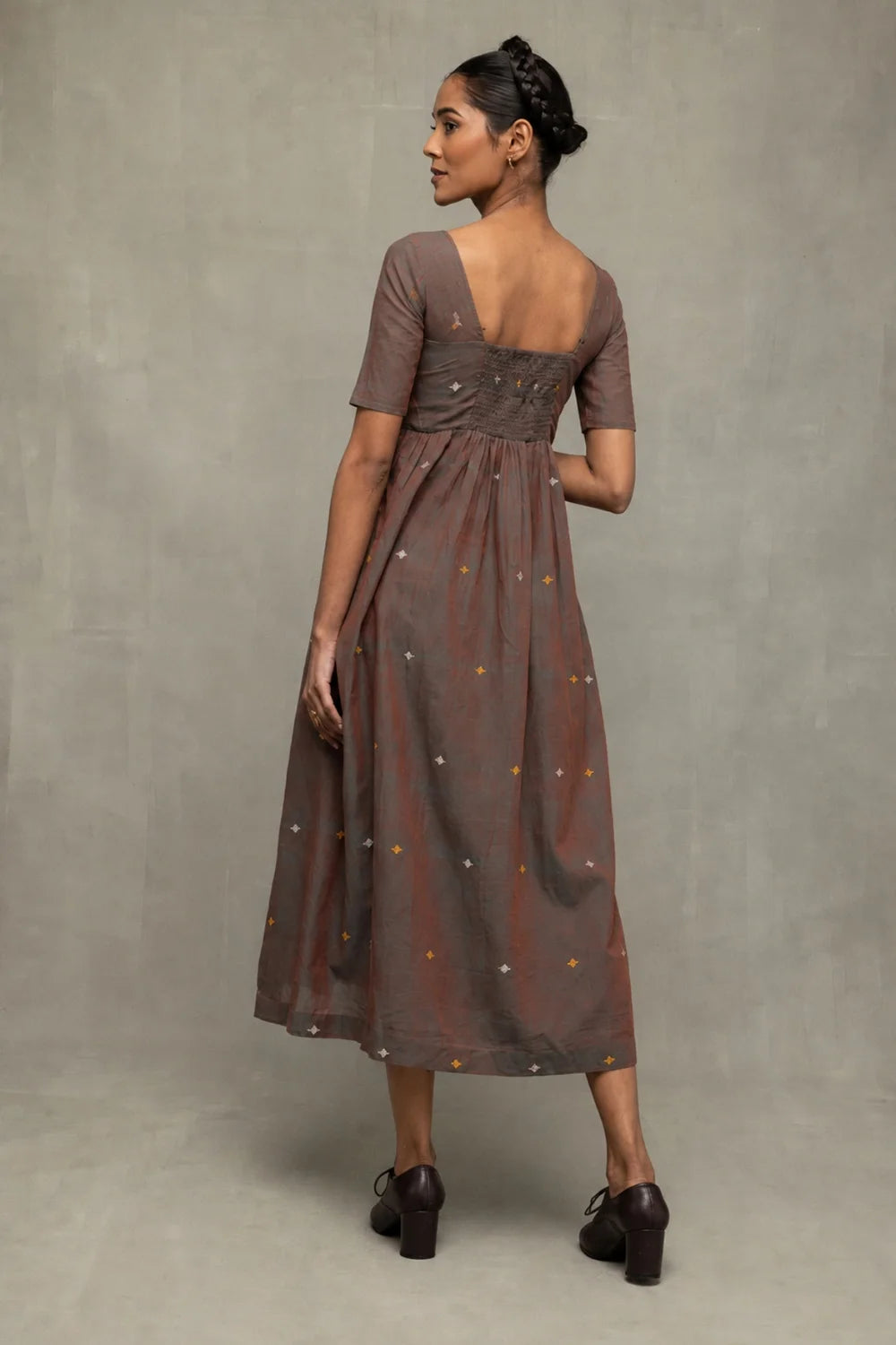 Brown Duo Tone Jamdani Hand-Woven Midi Dress