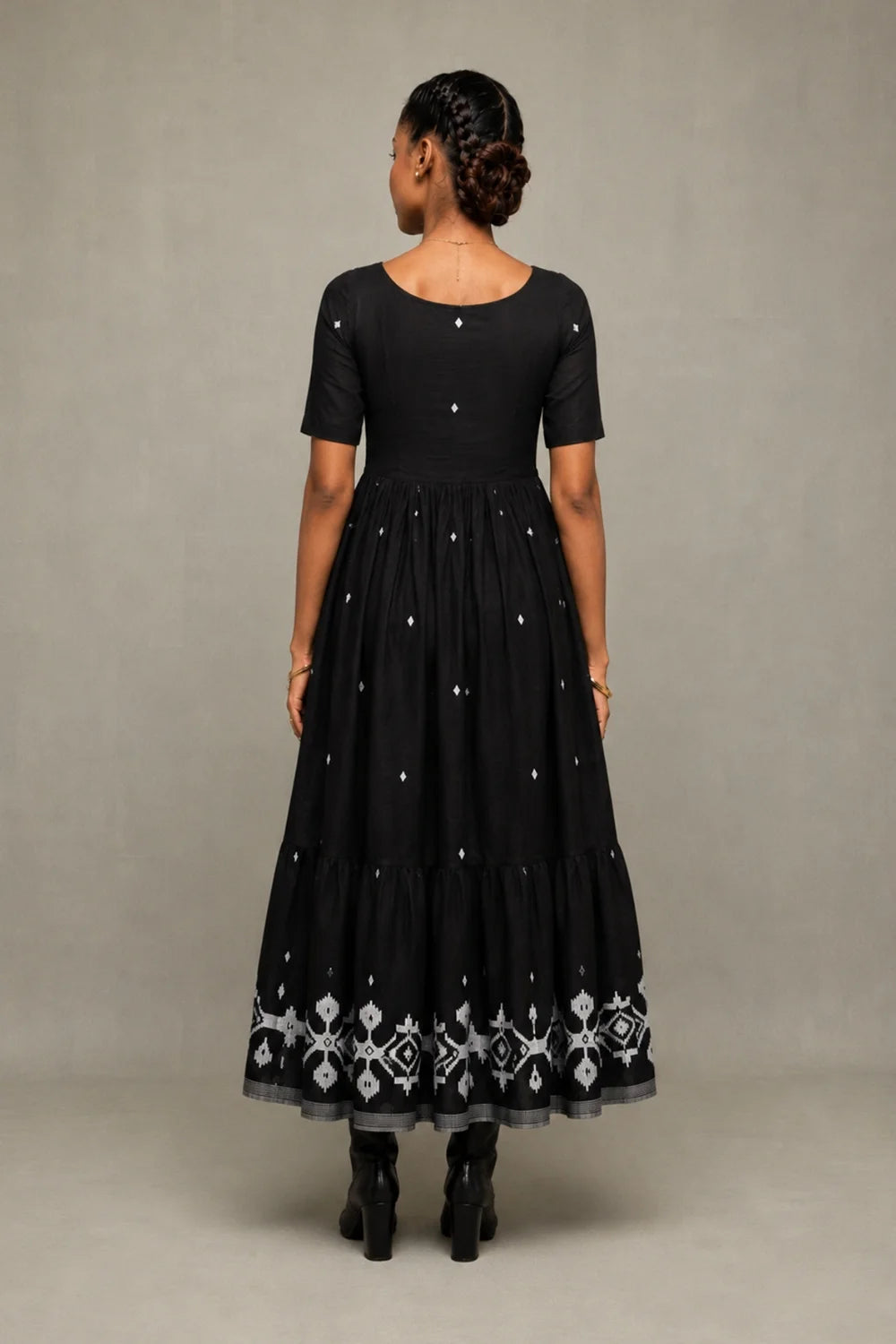 Midnight Black Handwoven Jamdani Tiered Midi Dress