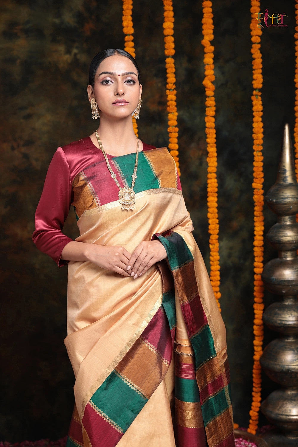 Handloom Peanut Brown Kanchipattu With Vibrant Multi Colour Border