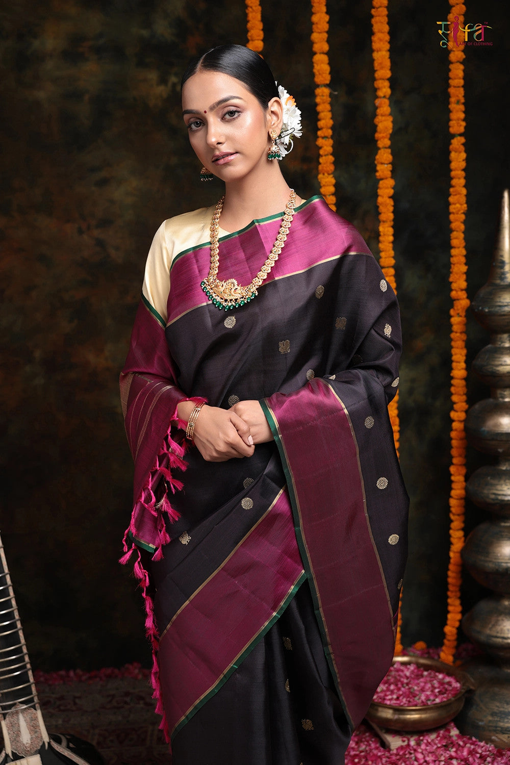 Handloom Black  Kanchipattu Saree With Rudraksh Booti