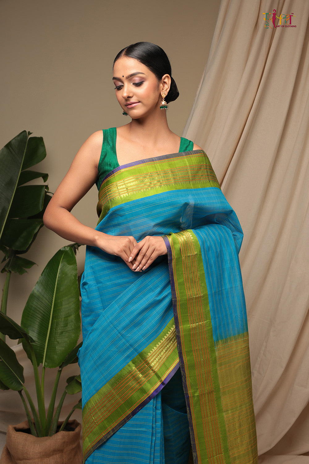 Handloom Ocean Blue Pure Cotton Kanchi Saree With Pure Silk Border And Pallu