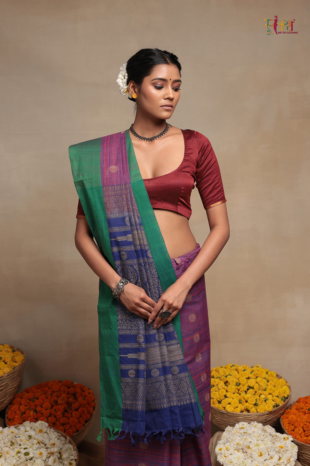 Blue And Pink Pure Cotton Handloom Kanchi Saree