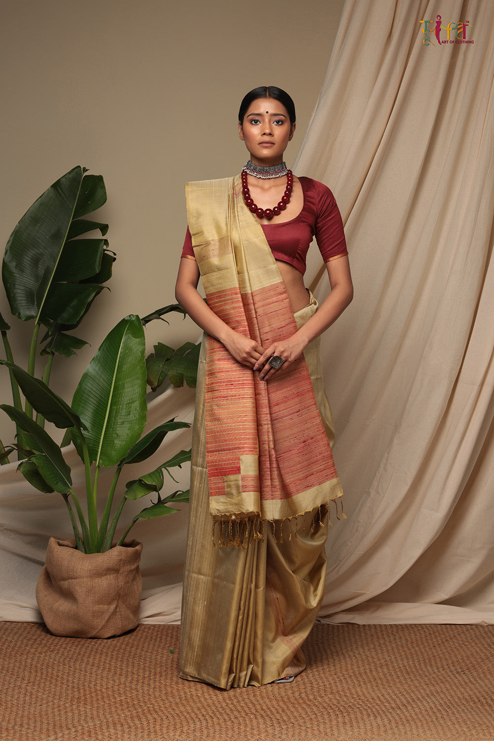 Handloom Bronze Brown Pure Silk Kanchi Contemporary Saree