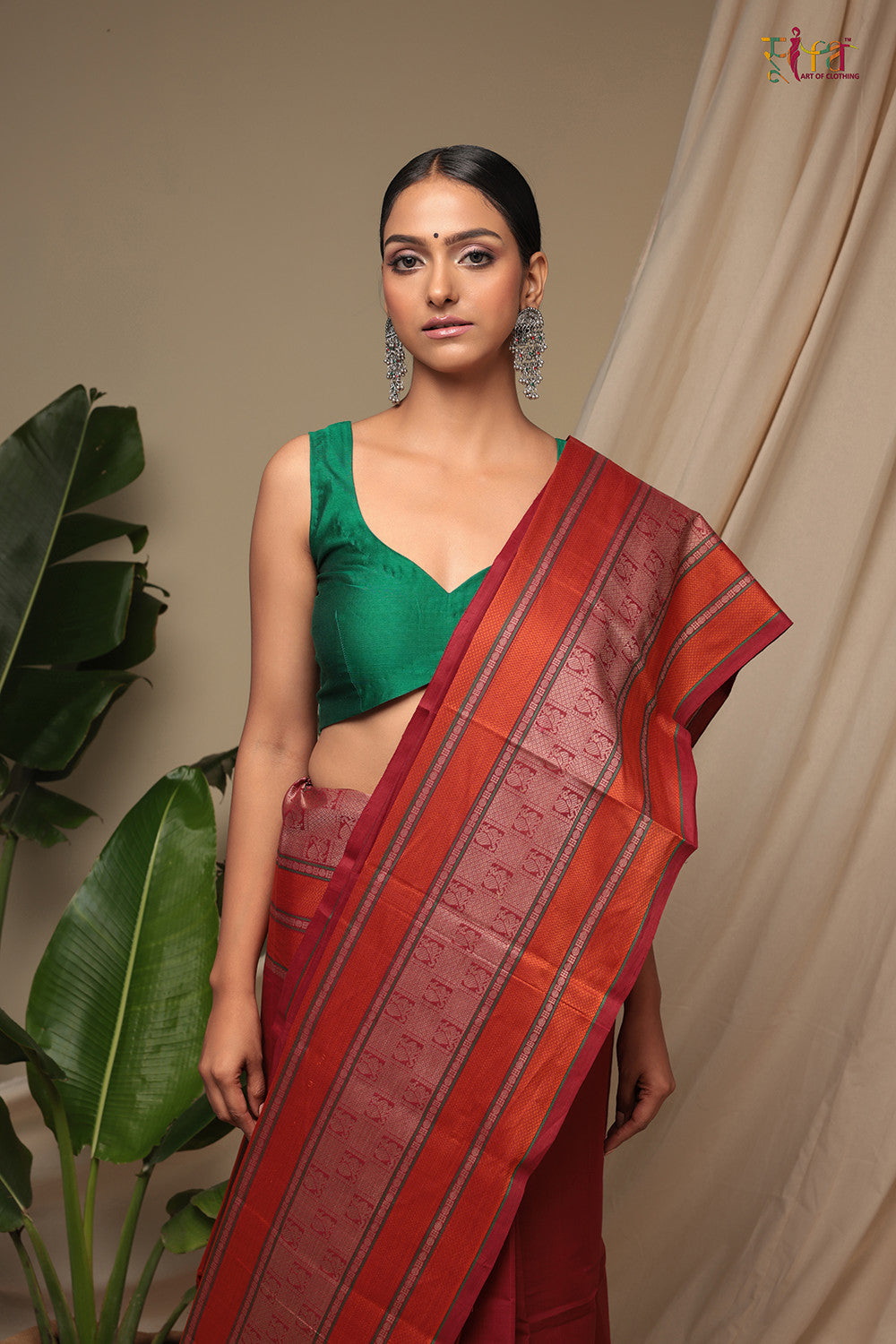 Fire Brick Red Handloom Pure Cotton Kanchi Saree With Generous Border