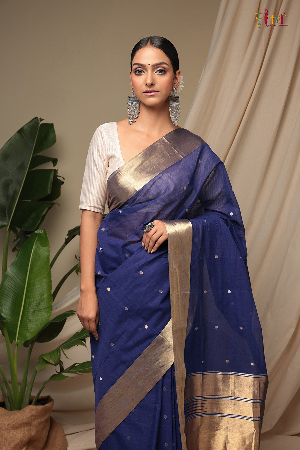 Handloom Berry Blue Pure Cotton Kanchi  Contemporary Saree with Golden Zari Motifs & Border