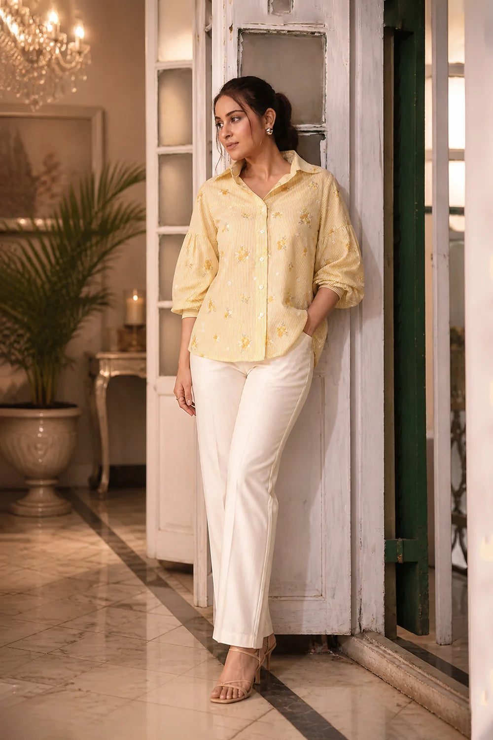 Pastel Yellow Pure Cotton Embriodered Shirt