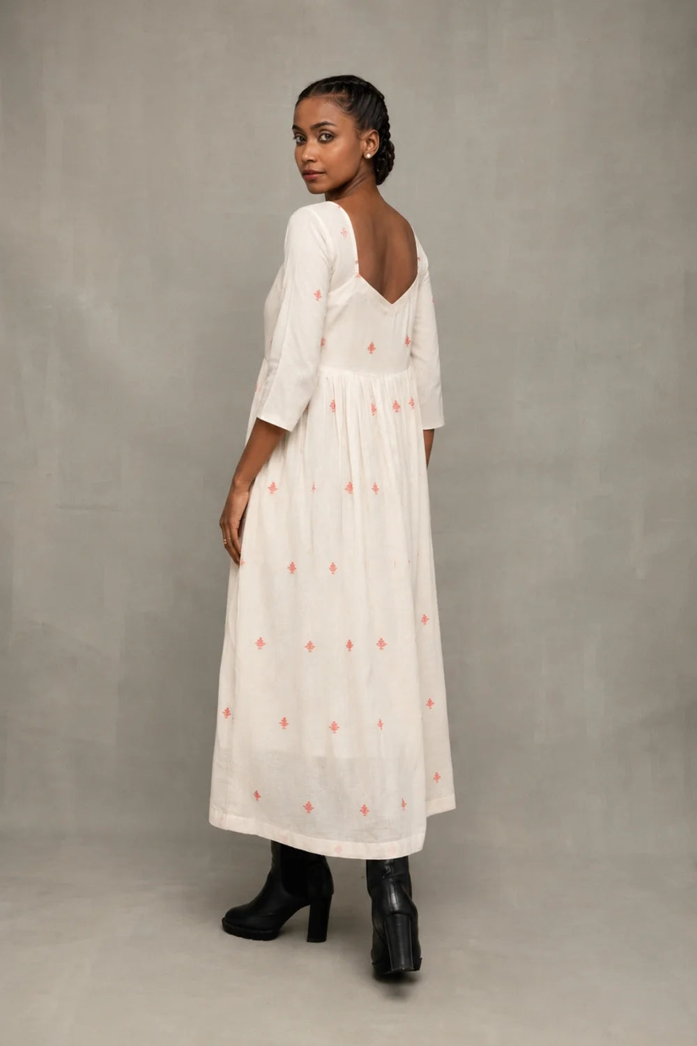 Cream Red Dheki Pure Cotton Jamdani Dress