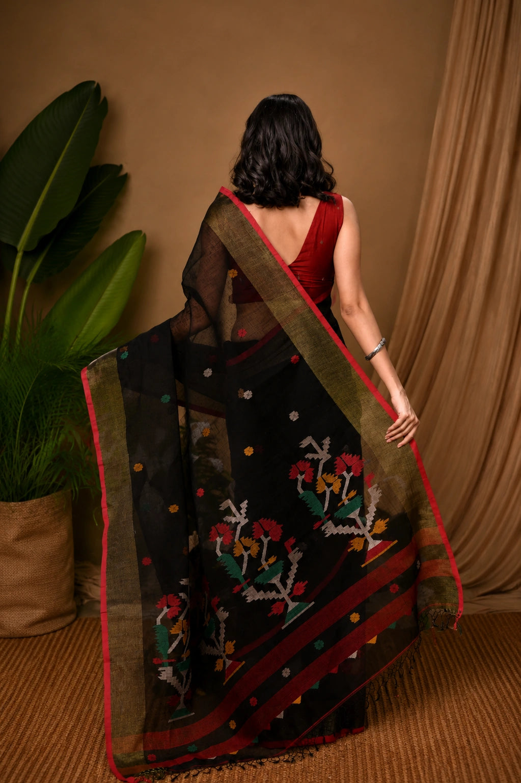 Handloom Black Pure Linen Zari Jamdani Saree