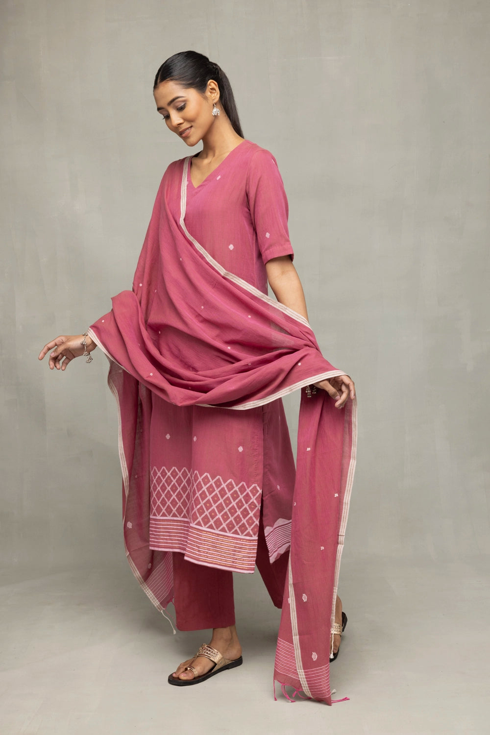 Dusty Rose Cross Motifs Jamdani Kurta Set With Dupatta