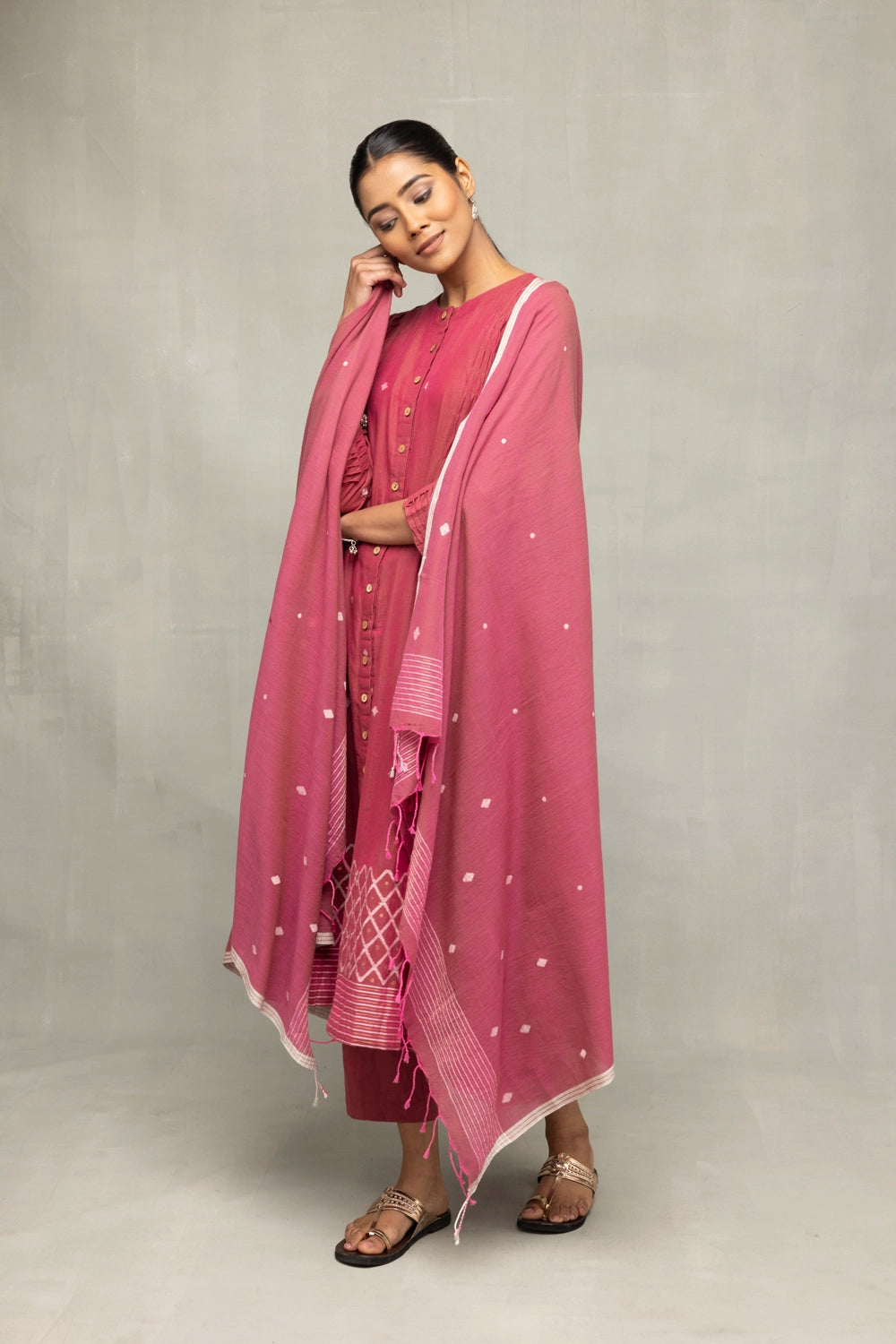 Dusty Rose Pink Cross Motifs Jamdani Kurta Set With Dupatta