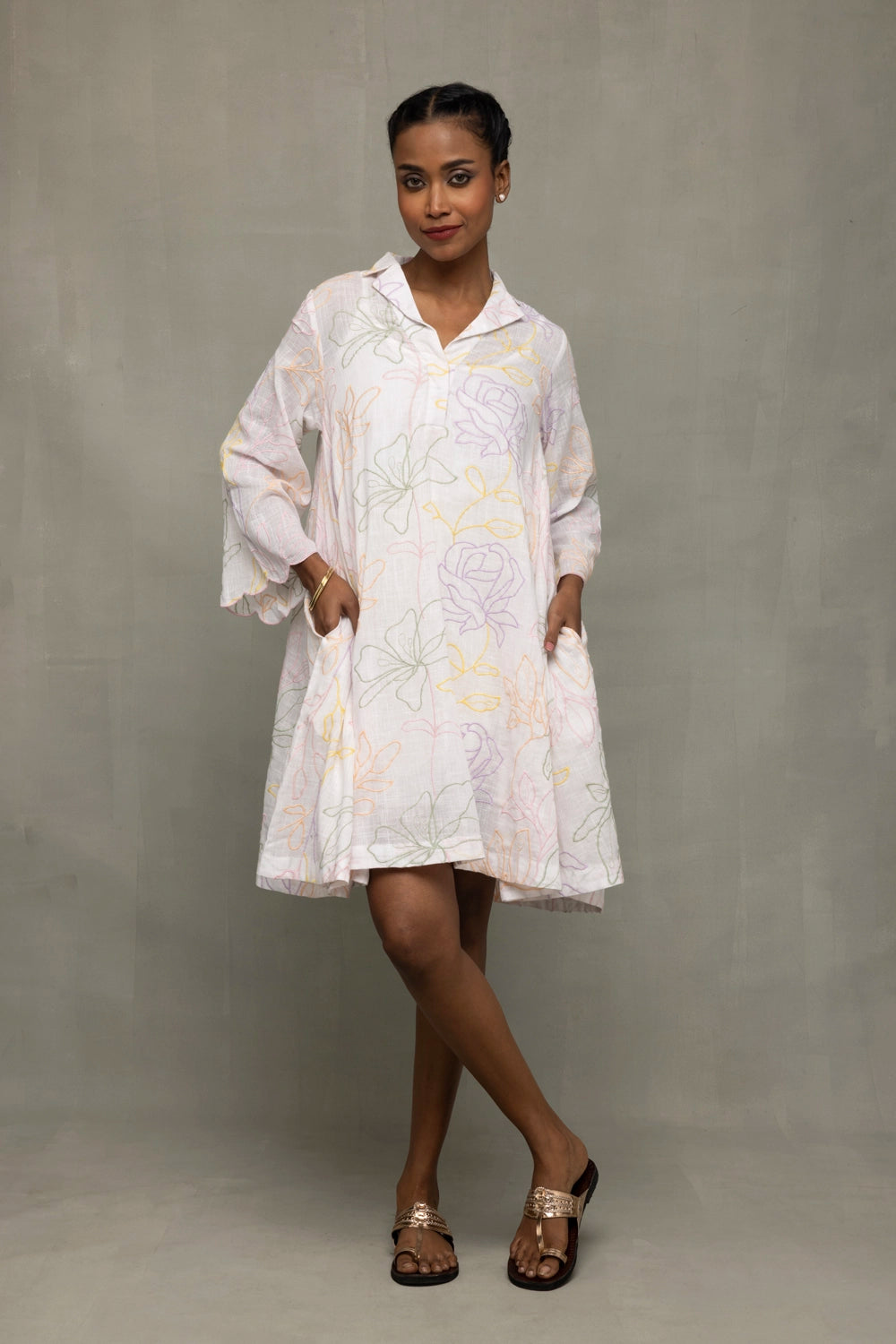 White Pastel Embriodered Pure Cotton Dress
