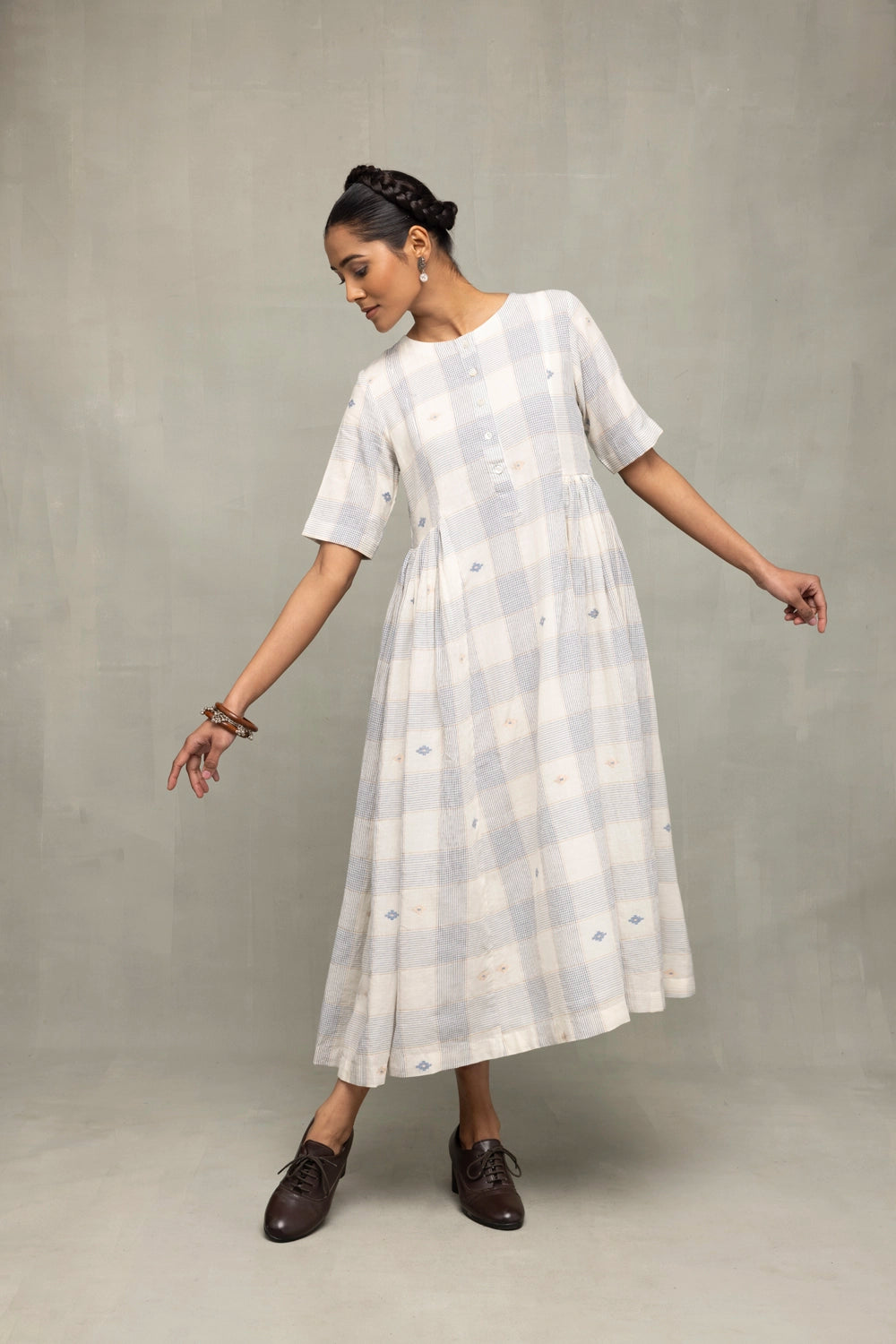 Ivory & Blue Checkered Jamdani Dress