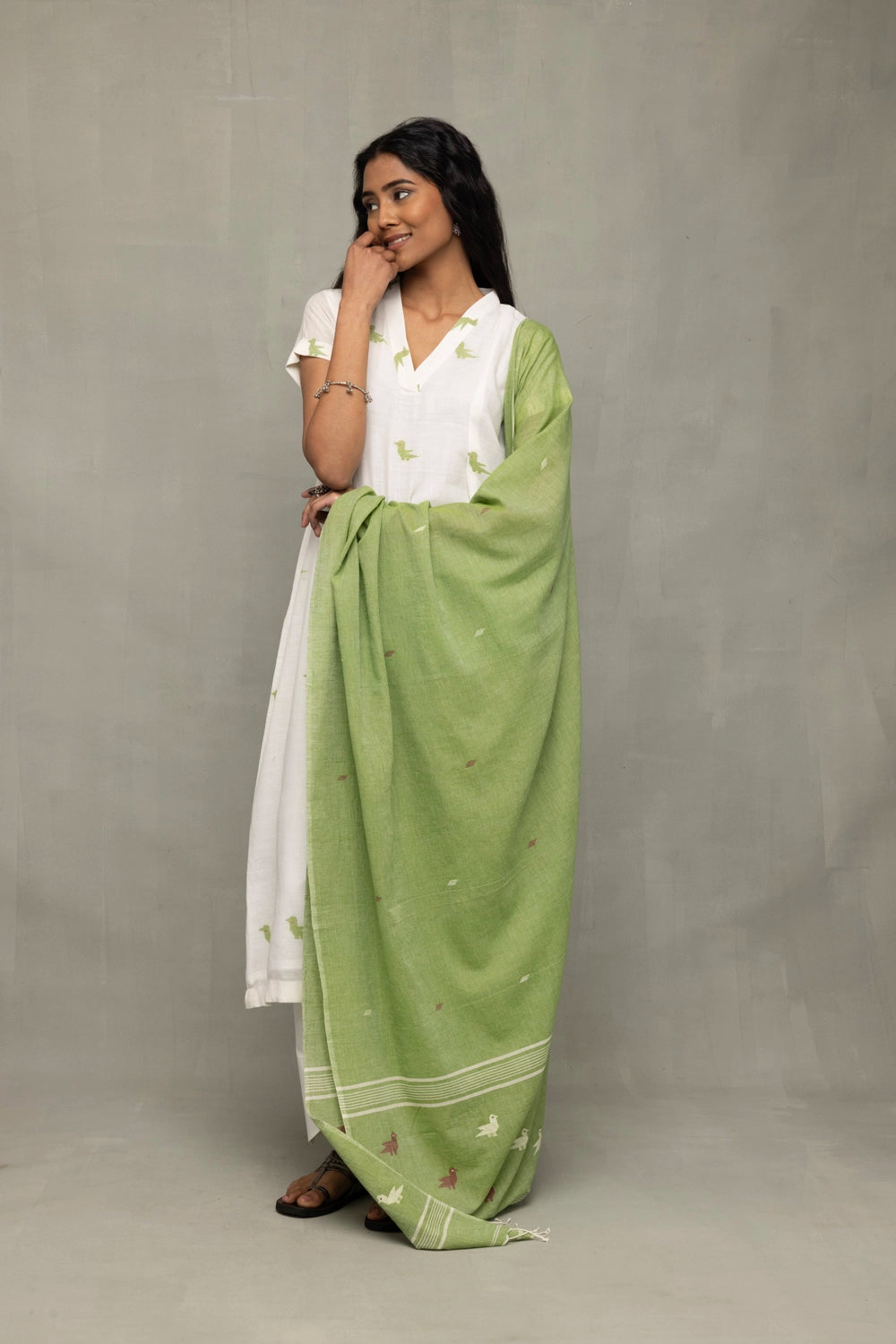 Ivory & Sage Green Bird Motif Jamdani Kurta Set with Dupatta