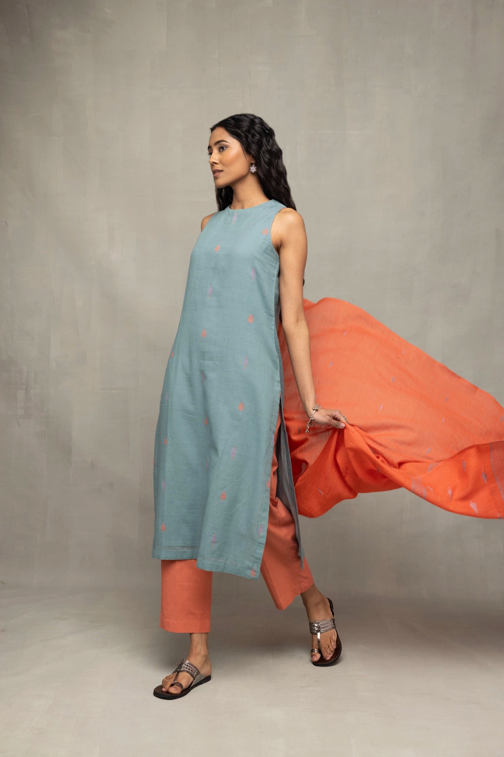 Zen Blue Straight Fit Jamdani Kurta Set with Tangerine Leaf Motif Dupatta