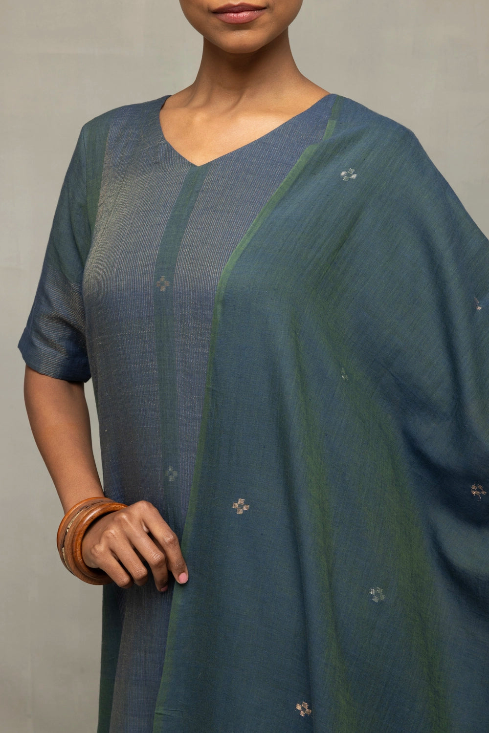 Teal Green Jamdani Kurta Set with Silver Zari Border and Dupatta