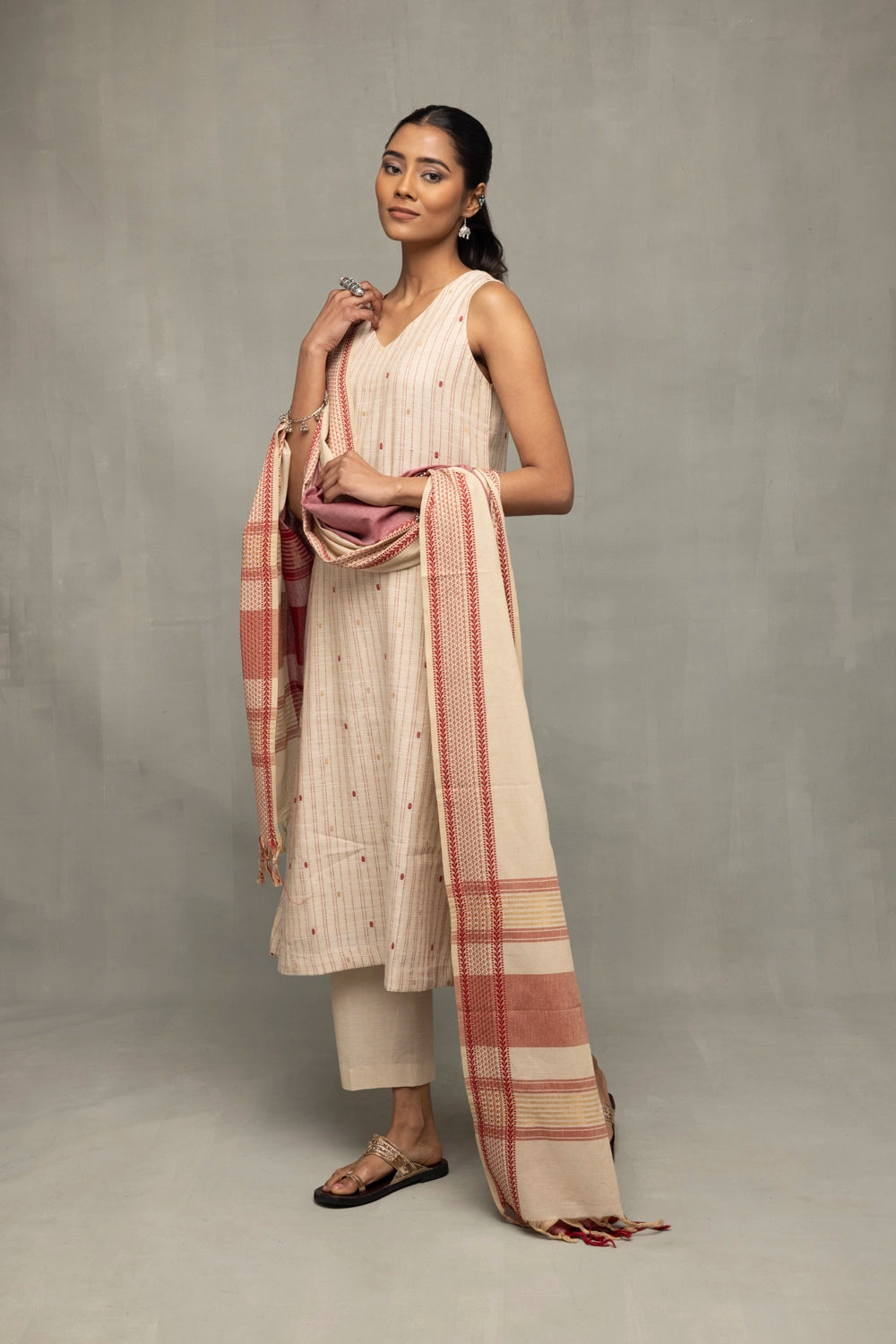 Cream and Pink South Cotton Zari  Kurta Set With Dupatta