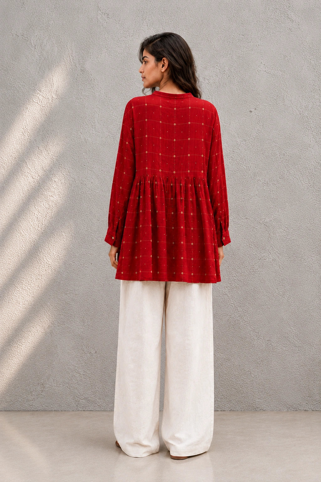 Crimson Red Check Pure Cotton Jamdani Top
